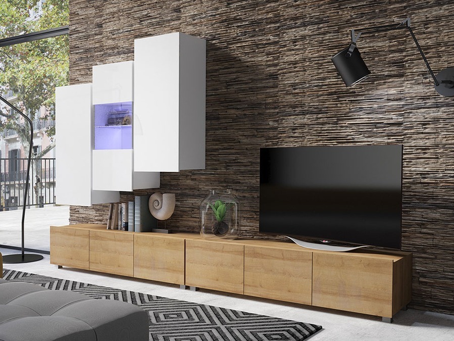 Conjunto de salón Tivdalu 133 (Roble dorado + Blanco + Blanco brillante)