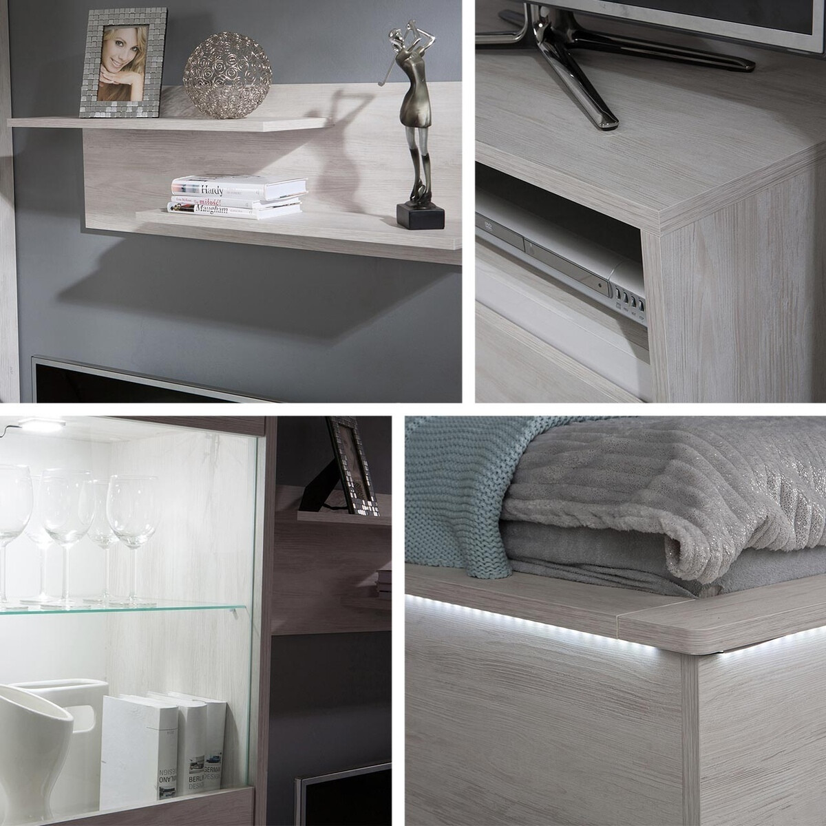 Conjunto de salón Fivelbo 114 (Roble blanqueado + Blanco brillante)