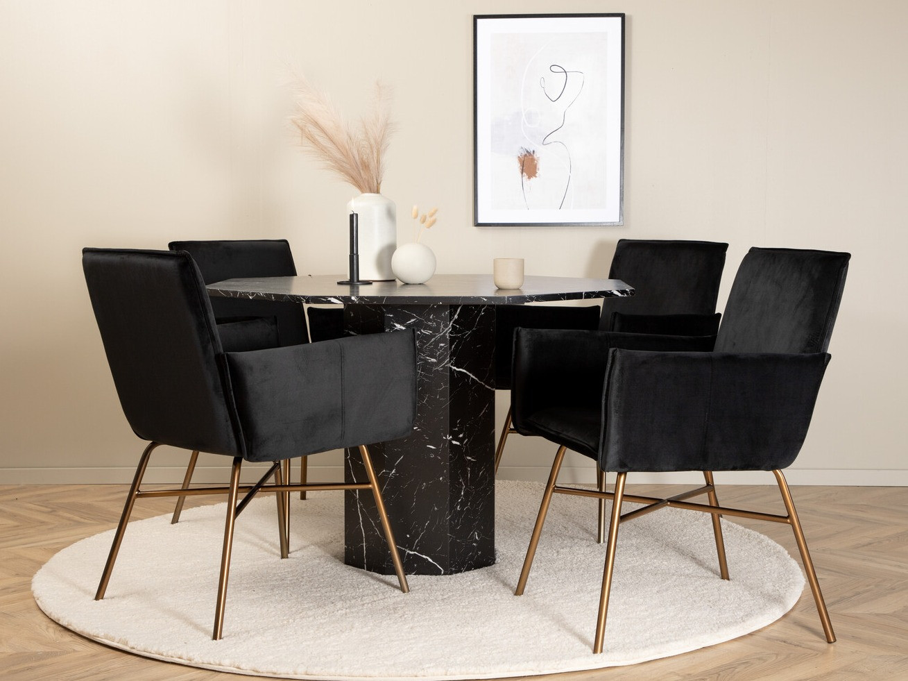 Conjunto de mesas y sillas para comedor Dallas 2618 (Negro + Latón)