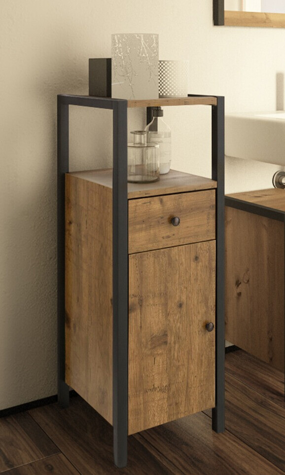 Armario de pie para baño Larnovo 112 (Roble oscuro + Negro)