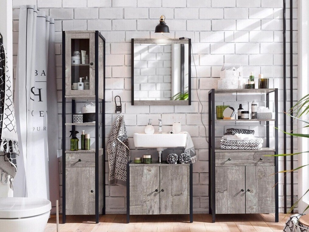 Conjunto de mueble de baño Larnovo 117 (Roble gris + Negro)