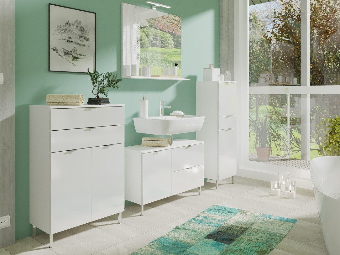 Armario de baño de pie para lavabo Lomcamo 101 (Blanco + Blanco brillante)