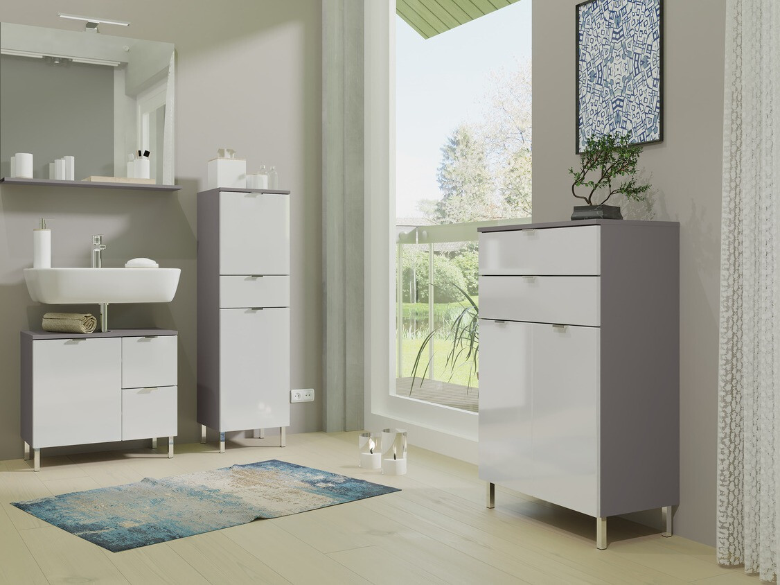 Armario de baño de pie para lavabo Lomcamo 101 (Blanco brillante + Grafito)