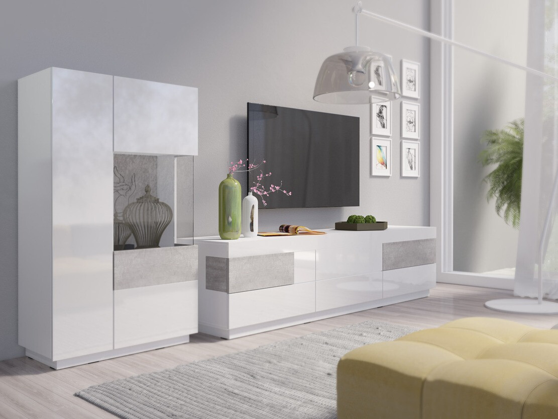 Conjunto de salón Livlore 109 (Blanco + Blanco brillante + Hormigón)