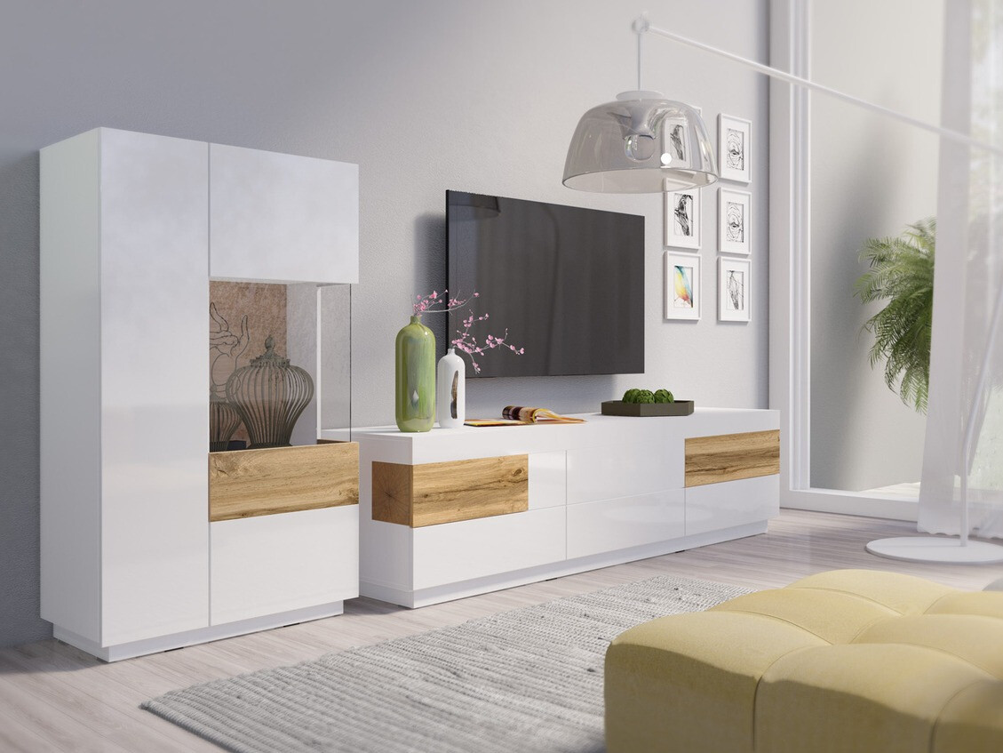 Conjunto de salón Livlore 109 (Blanco + Blanco brillante + Roble wotan)