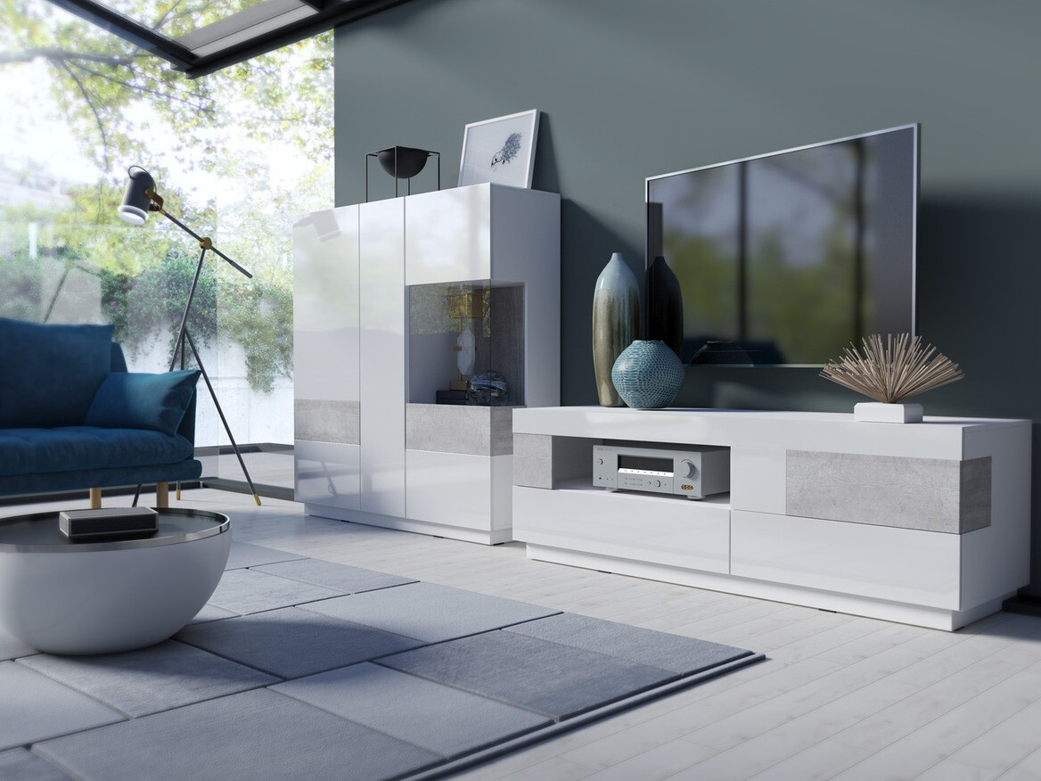 Mueble TV Livlore 103 (Blanco + Blanco brillante + Hormigón)