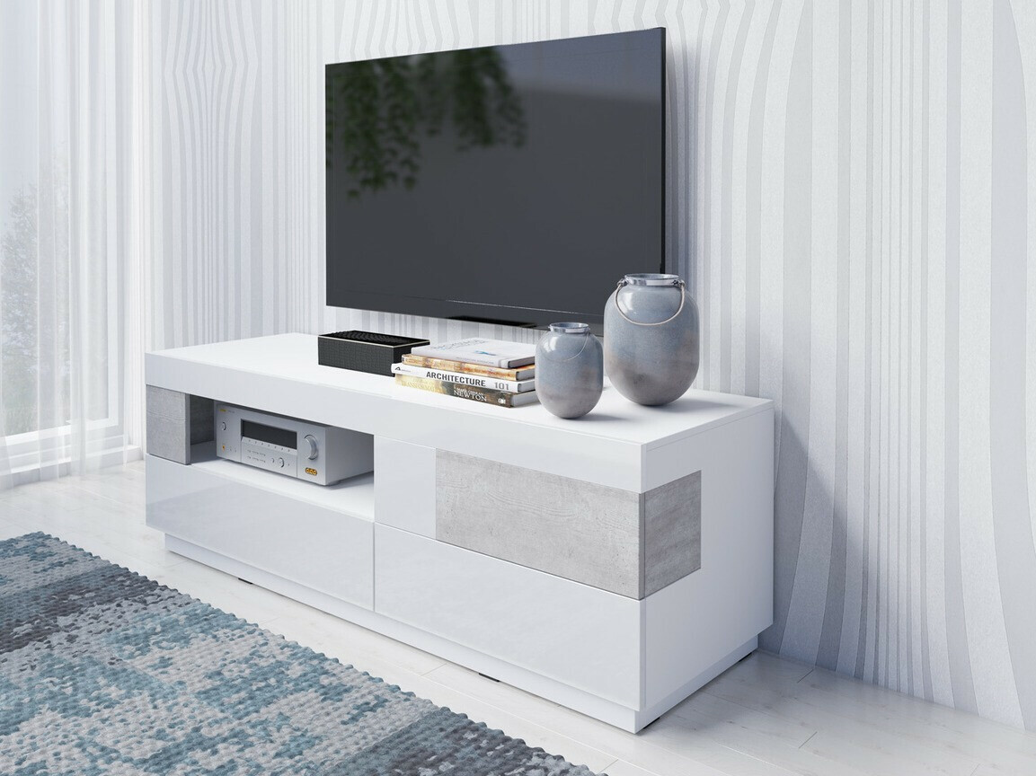 Mueble TV Livlore 103 (Blanco + Blanco brillante + Hormigón)