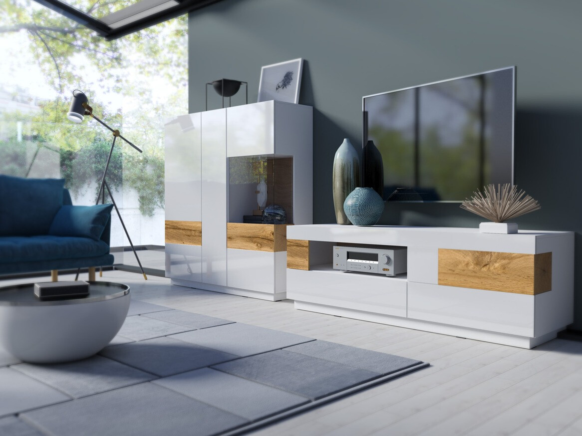 Mueble TV Livlore 103 (Blanco + Blanco brillante + Roble wotan)