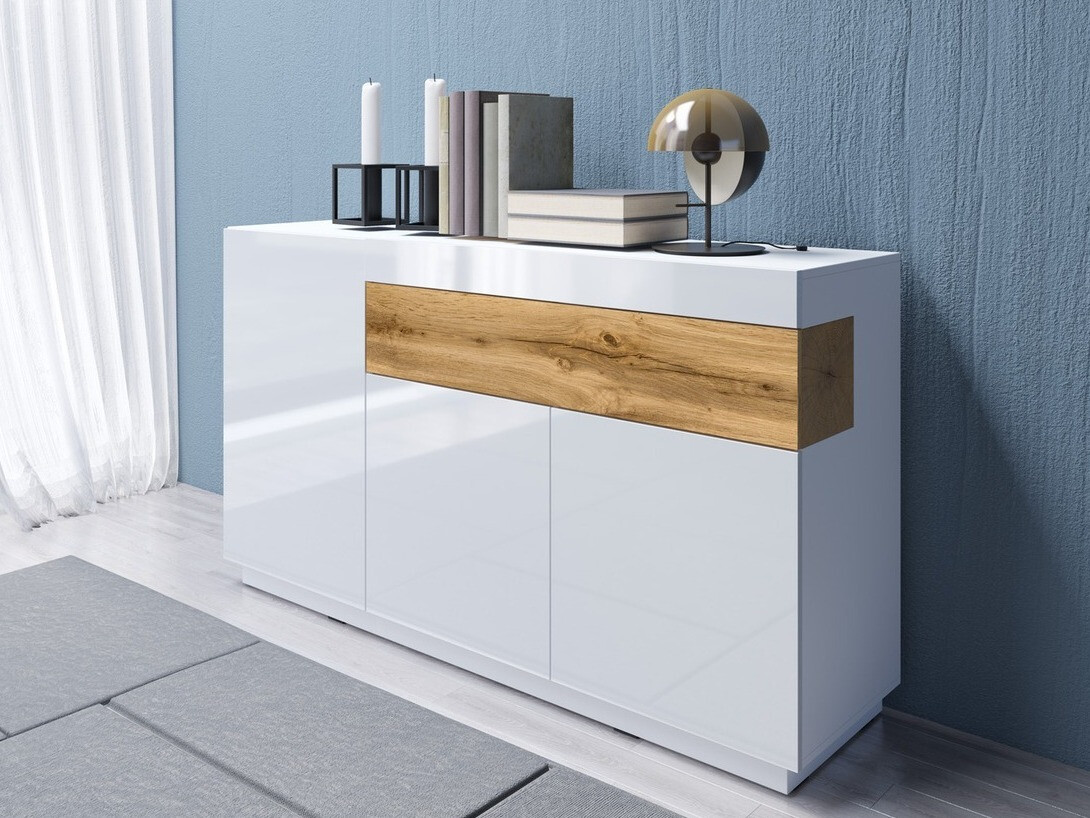 Cómoda Livlore 105 (Blanco + Blanco brillante + Roble wotan)