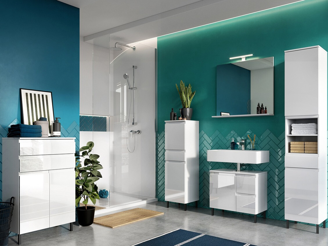 Armario de pie para baño Talmira 104 (Blanco + Blanco brillante)