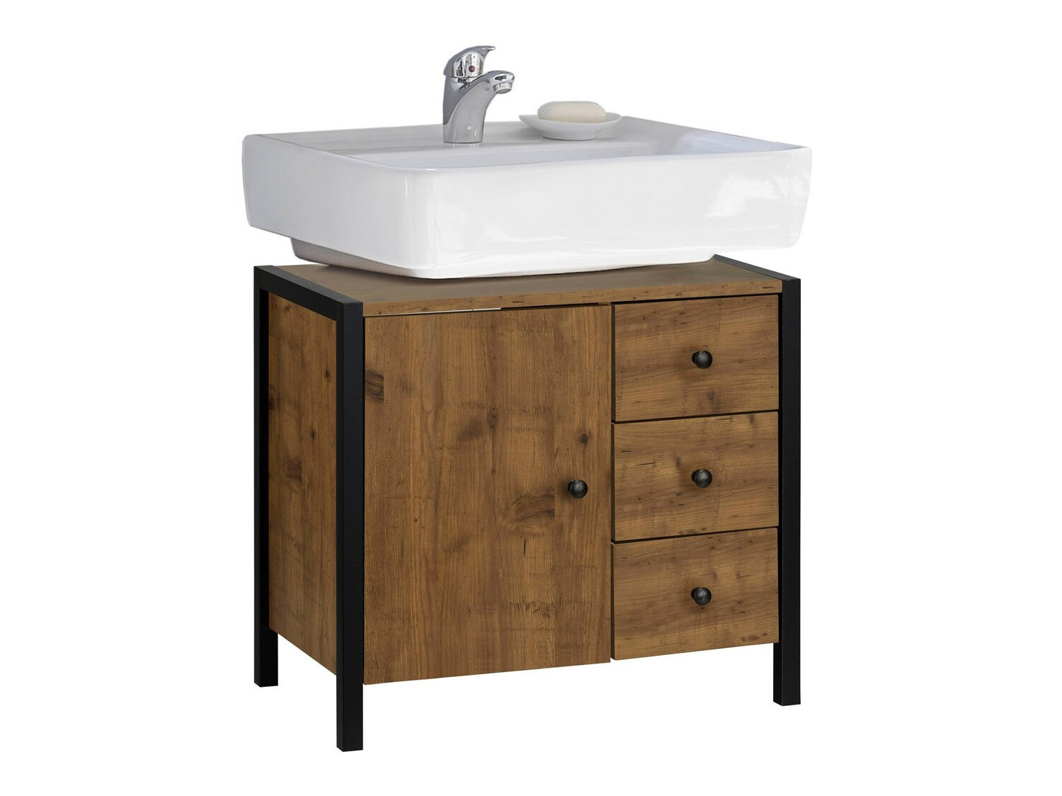 Armario de baño de pie para lavabo Larnovo 105 (Roble oscuro + Negro)