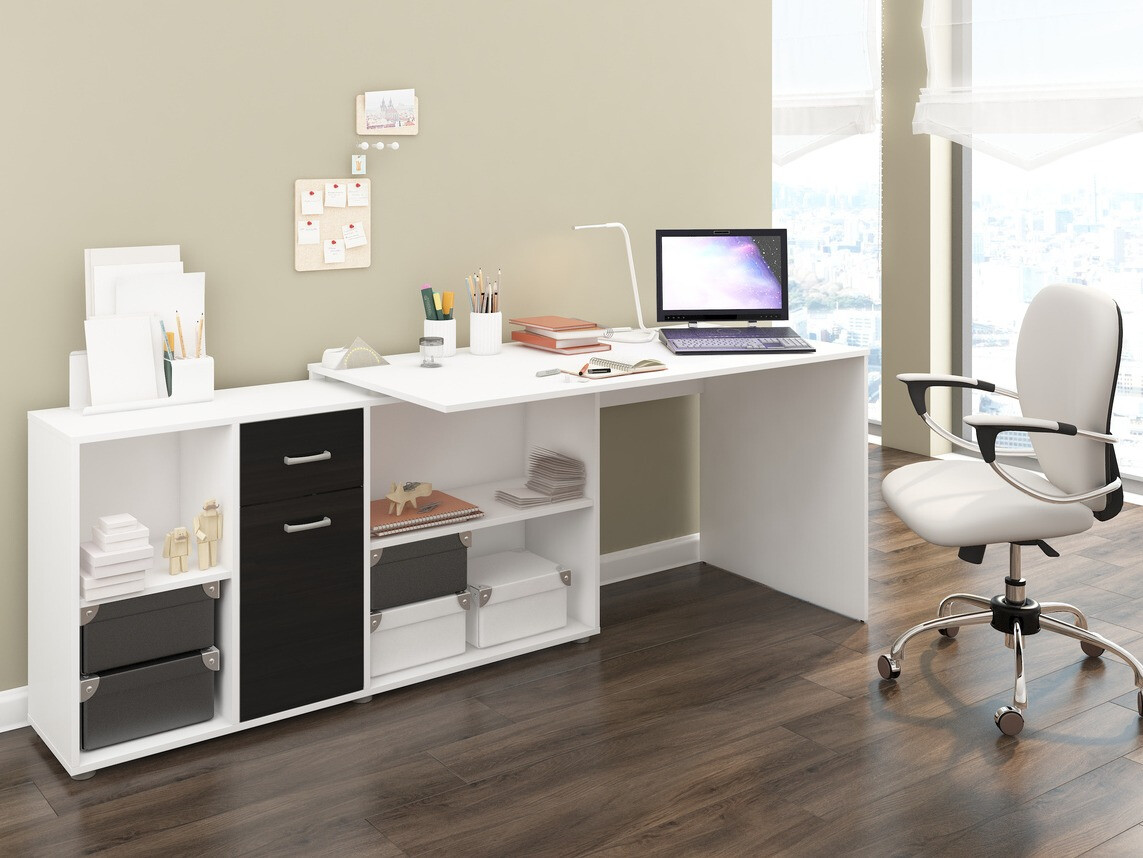 Mesa de ordenador esquinera Gilroy 113 (Blanco + Negro brillante)