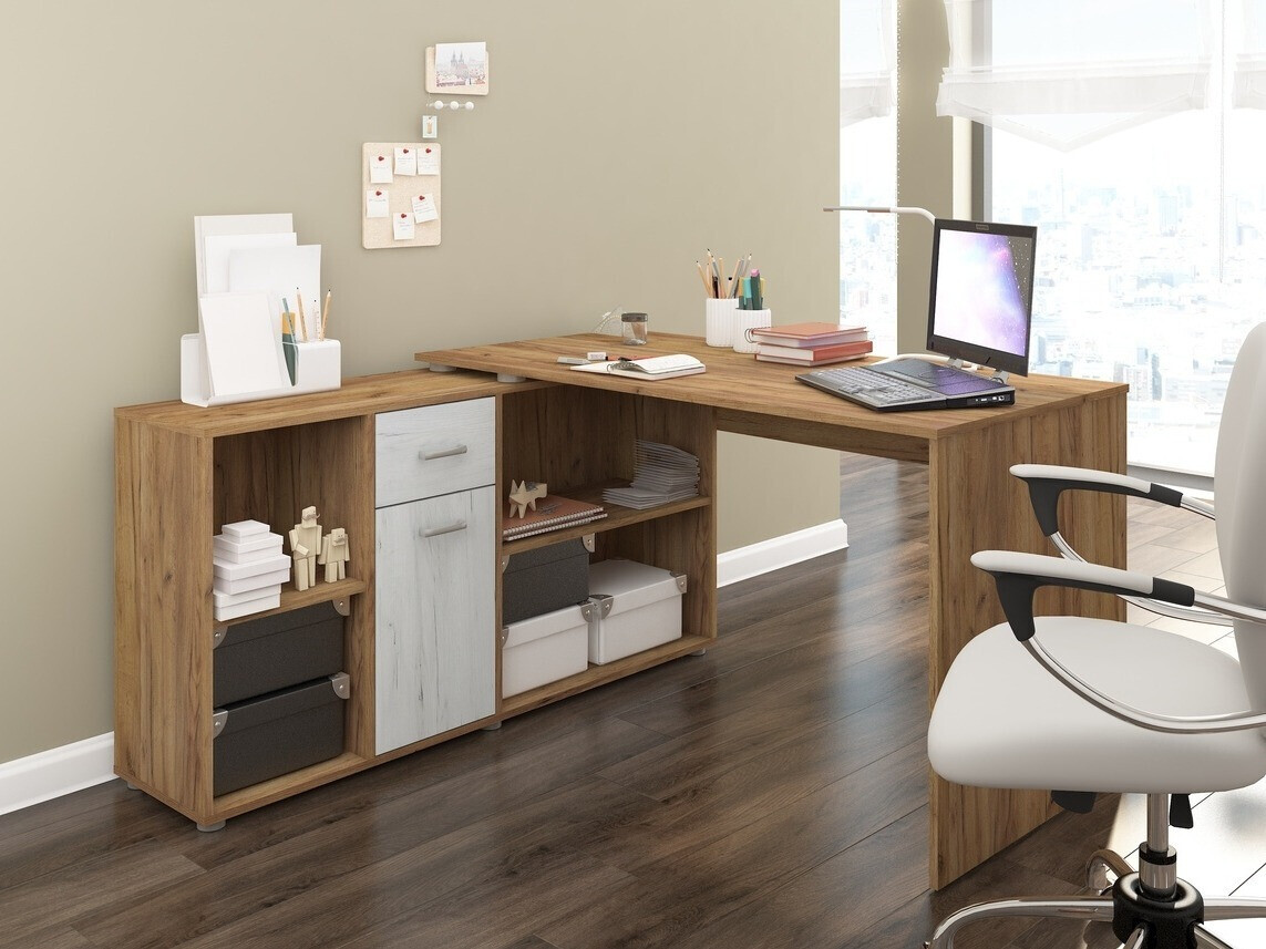 Mesa de ordenador esquinera Gilroy 113 (Craft roble + Arte blanco)