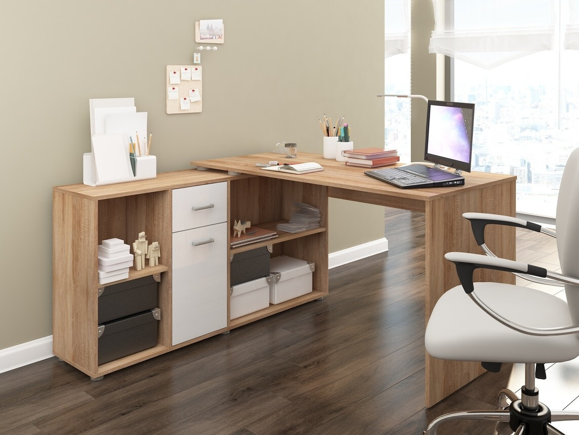Mesa de ordenador esquinera Gilroy 113 (Roble Sonoma + Blanco brillante)