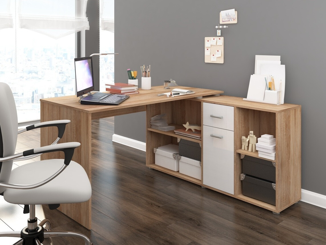Mesa de ordenador esquinera Gilroy 113 (Roble Sonoma + Blanco brillante)