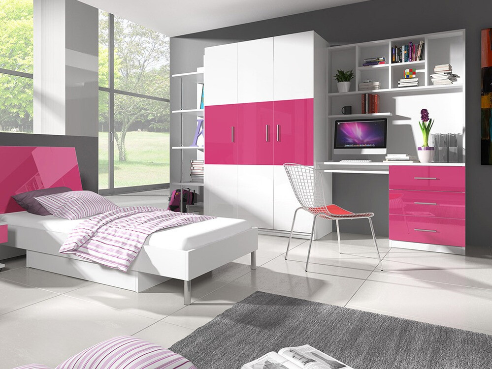 Mesa de oficina Salmere 109 (Blanco + Blanco brillante + Rosa brillante)