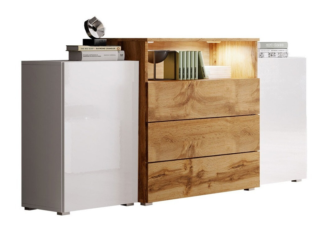 Cómoda Sarasota 127 (Blanco + Blanco brillante + Roble wotan)