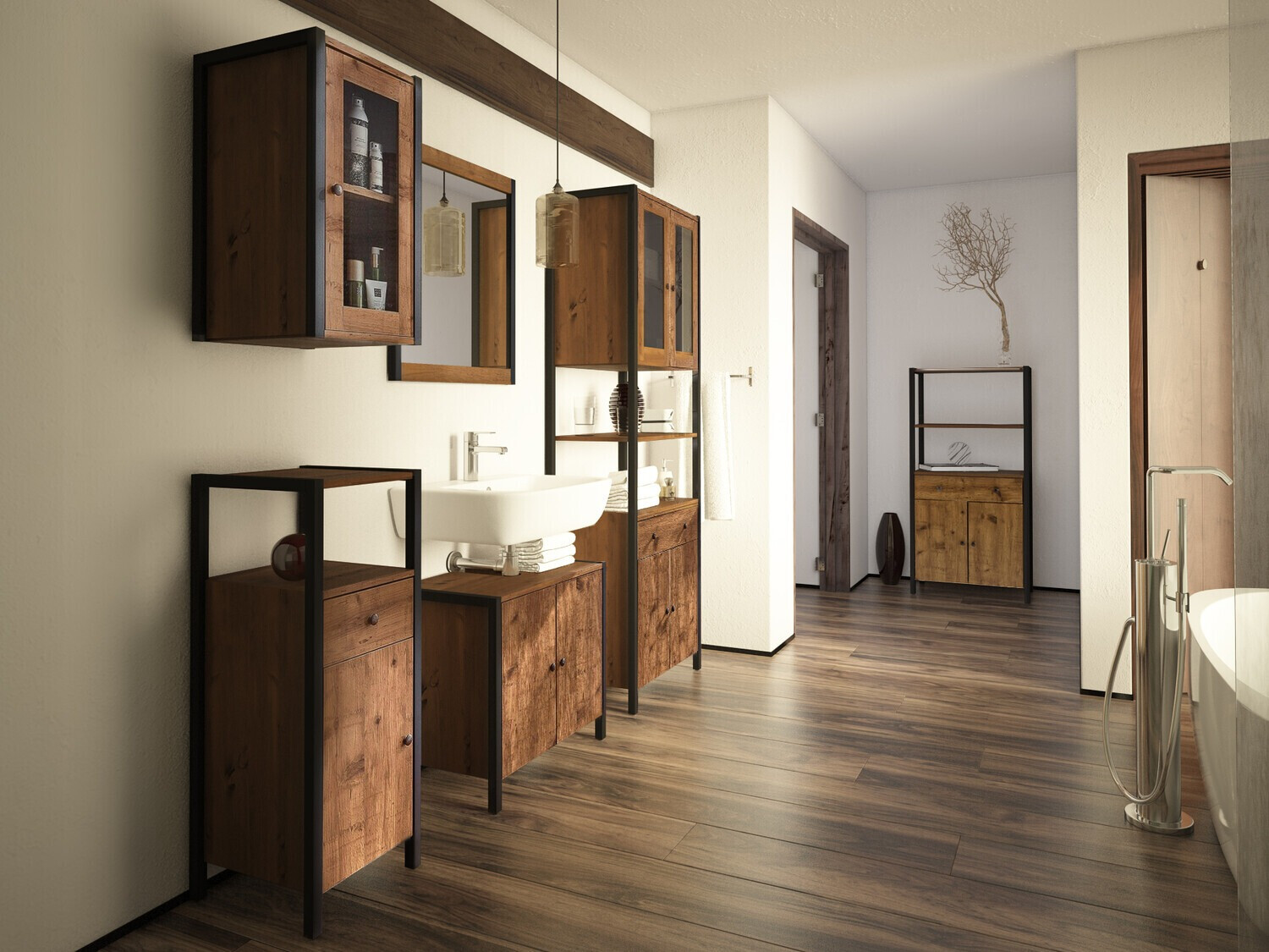 Armario colgante para baño Larnovo 118 (Negro + Roble oscuro)