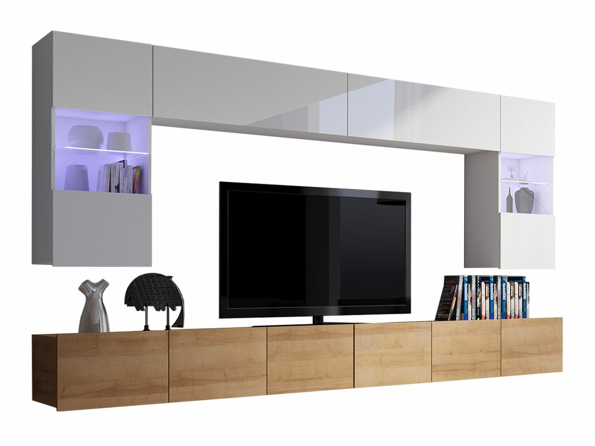 Conjunto de salón Remus I (Roble dorado + Blanco + Blanco brillante)