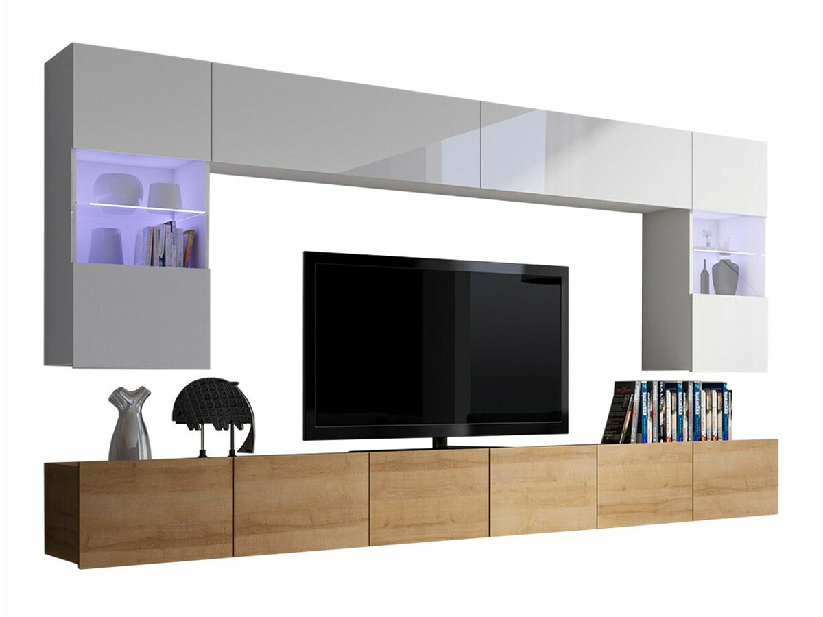 Conjunto de salón Remus I (Roble dorado + Blanco + Blanco brillante)