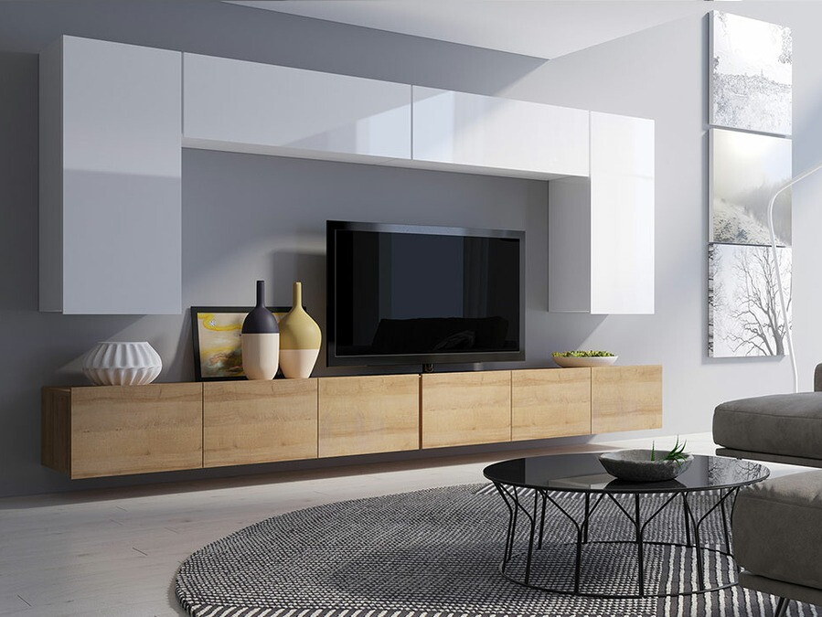 Conjunto de salón Tivdalu 135 (Roble dorado + Blanco + Blanco brillante)