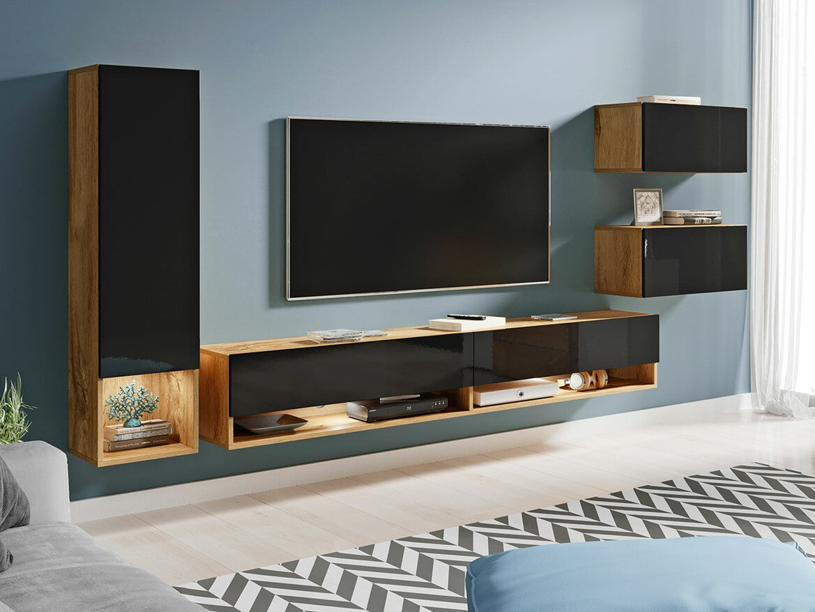 Conjunto de salón Sarasota 124 (Roble wotan + Negro brillante)