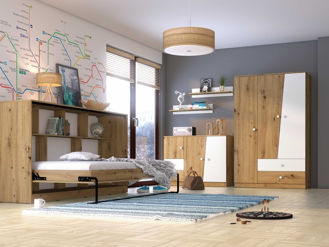 Cama plegable Mirelbu 114 (Roble Artisan + Blanco brillante)