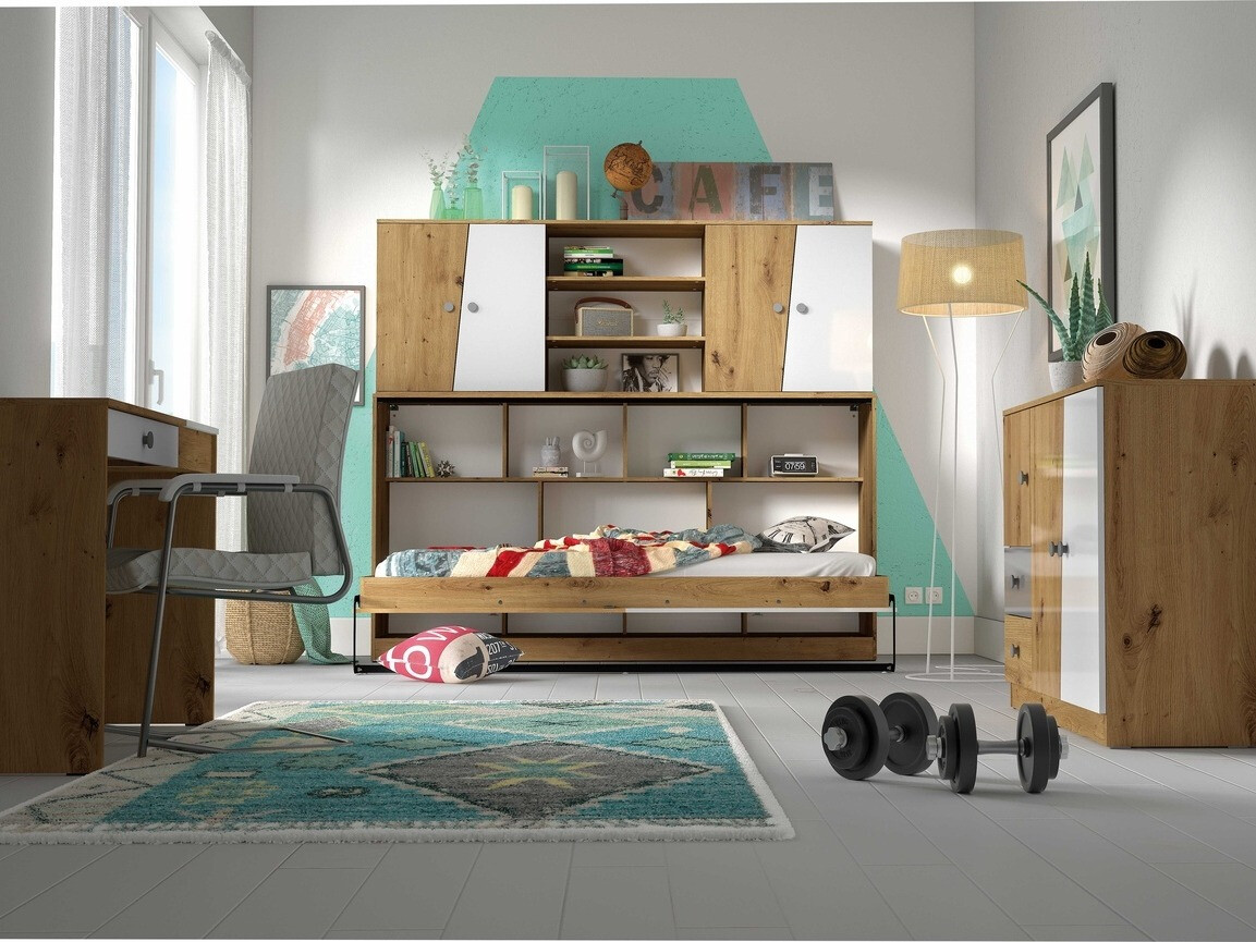 Cama plegable Mirelbu 114 (Roble Artisan + Blanco brillante)