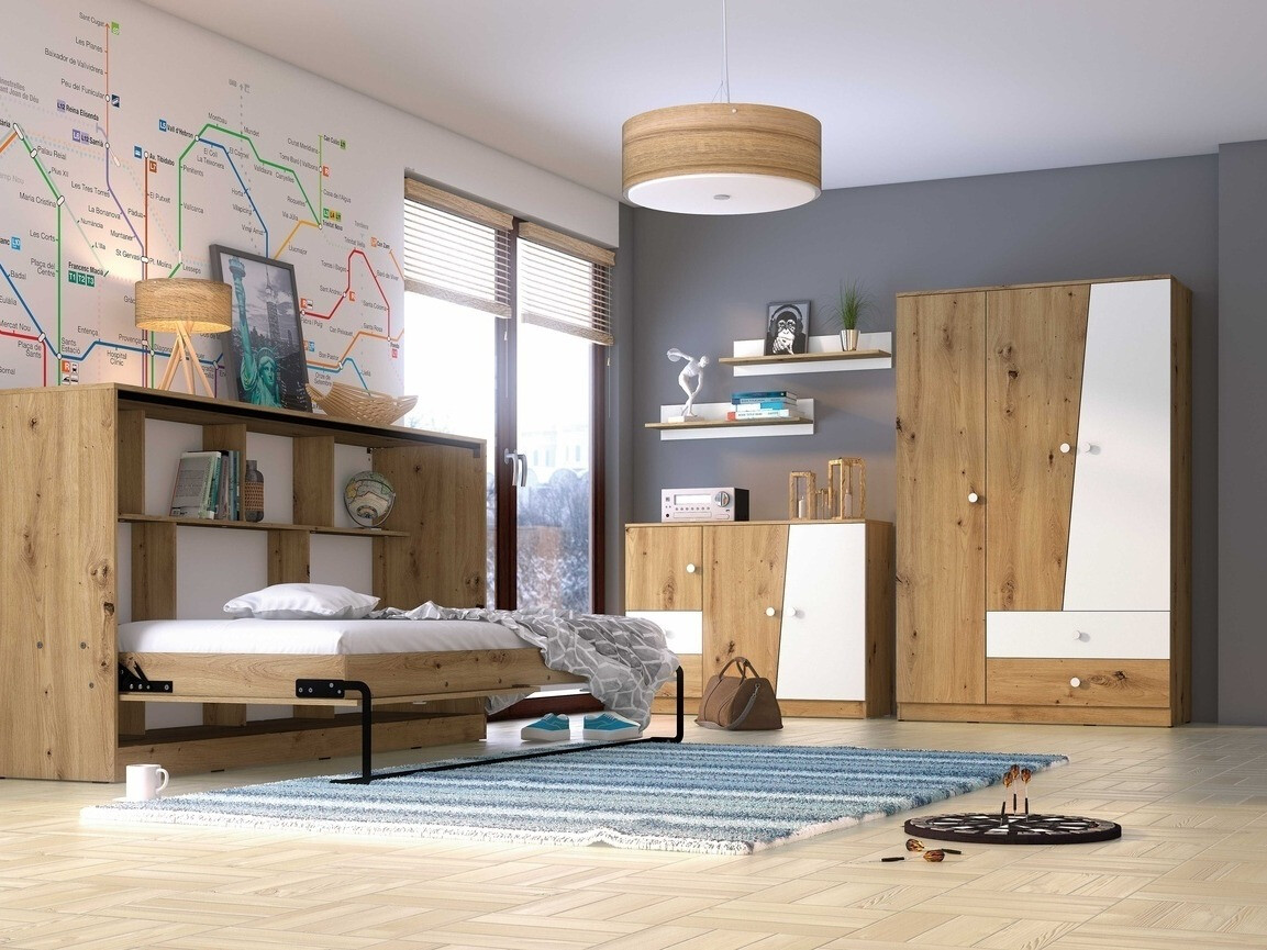 Cama plegable Mirelbu 114 (Roble Artisan + Blanco + Negro)