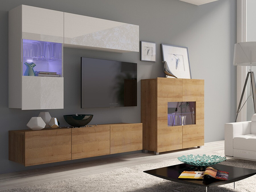 Conjunto de salón Tivdalu 107 (Roble dorado + Blanco + Blanco brillante)