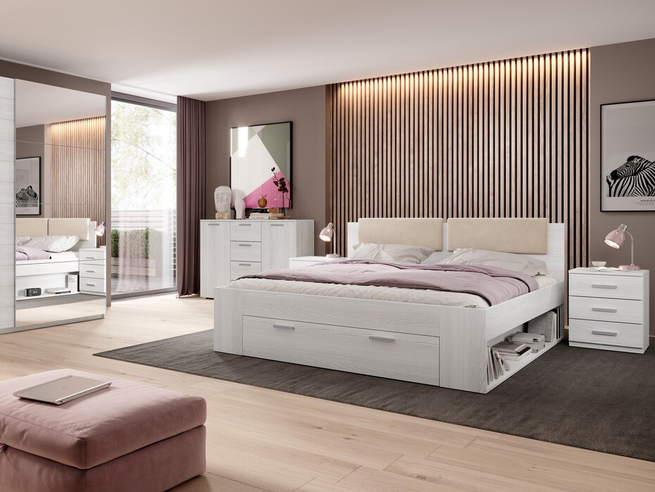 Cama Levruvu 106 (Fresno blanqueado + Beige)