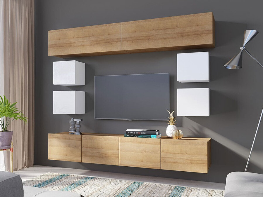 Conjunto de salón Tivdalu 134 (Roble dorado + Blanco + Blanco brillante)