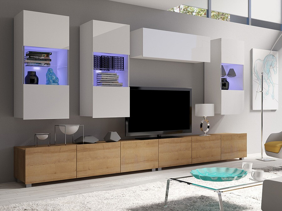 Conjunto de salón Tivdalu 121 (Roble dorado + Blanco + Blanco brillante)