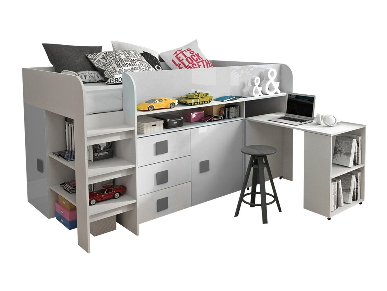 Cama Hartford 190 (Blanco + Blanco brillante + Gris brillante)