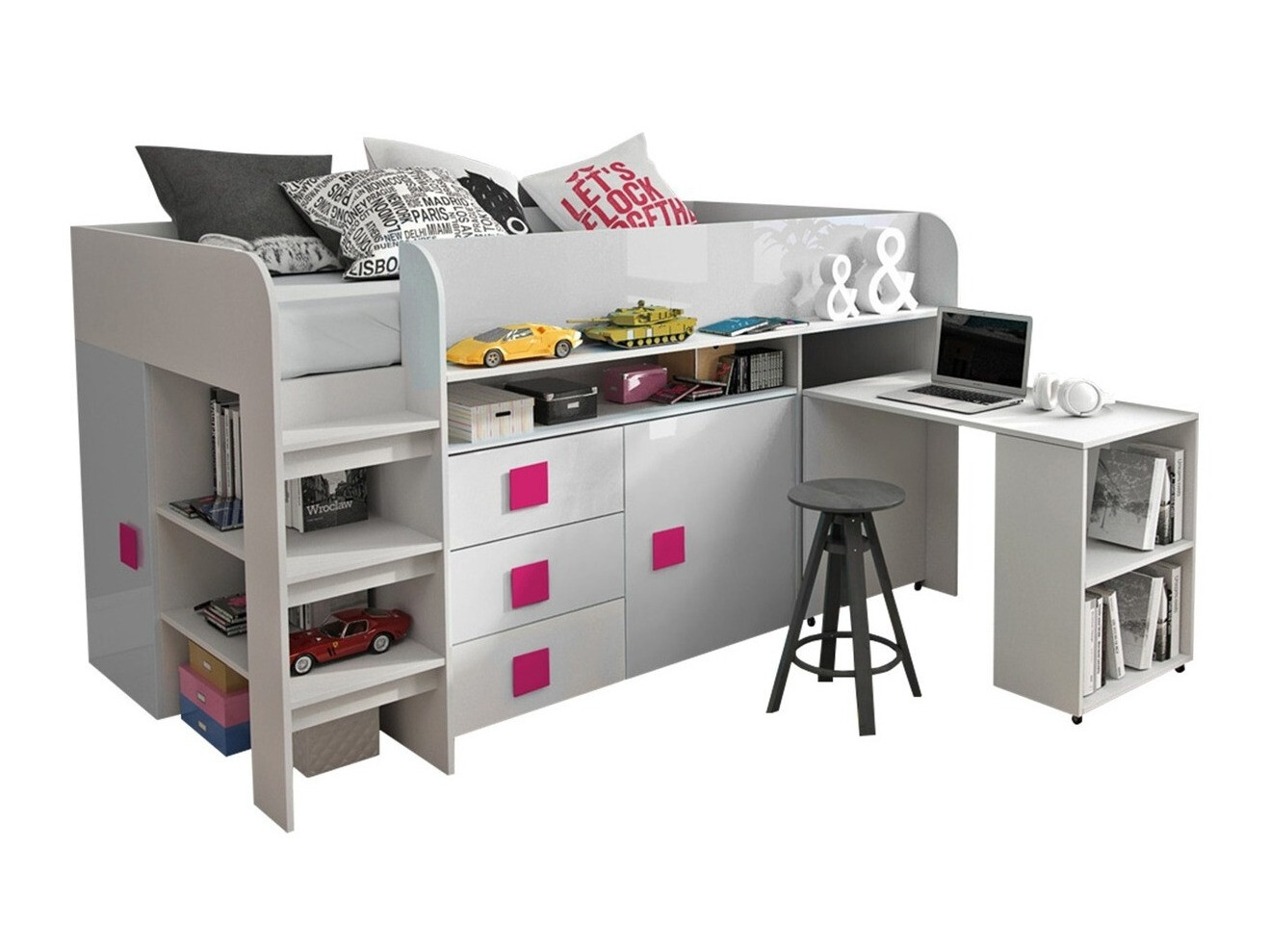 Cama Hartford 190 (Blanco + Blanco brillante + Rosa brillante)