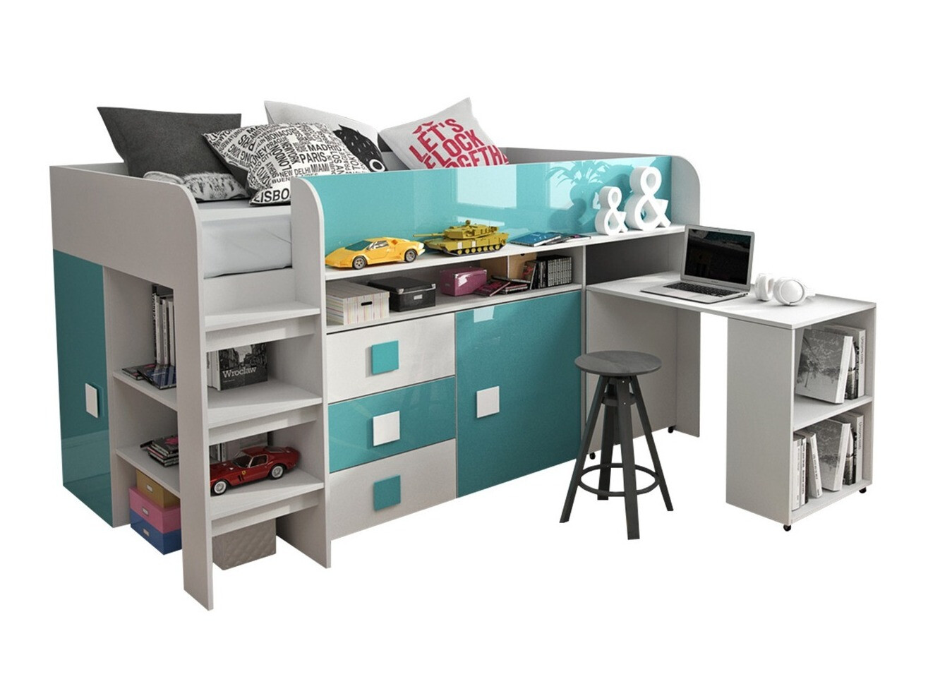 Cama Hartford 190 (Blanco + brillo Turquesa + Blanco brillante)
