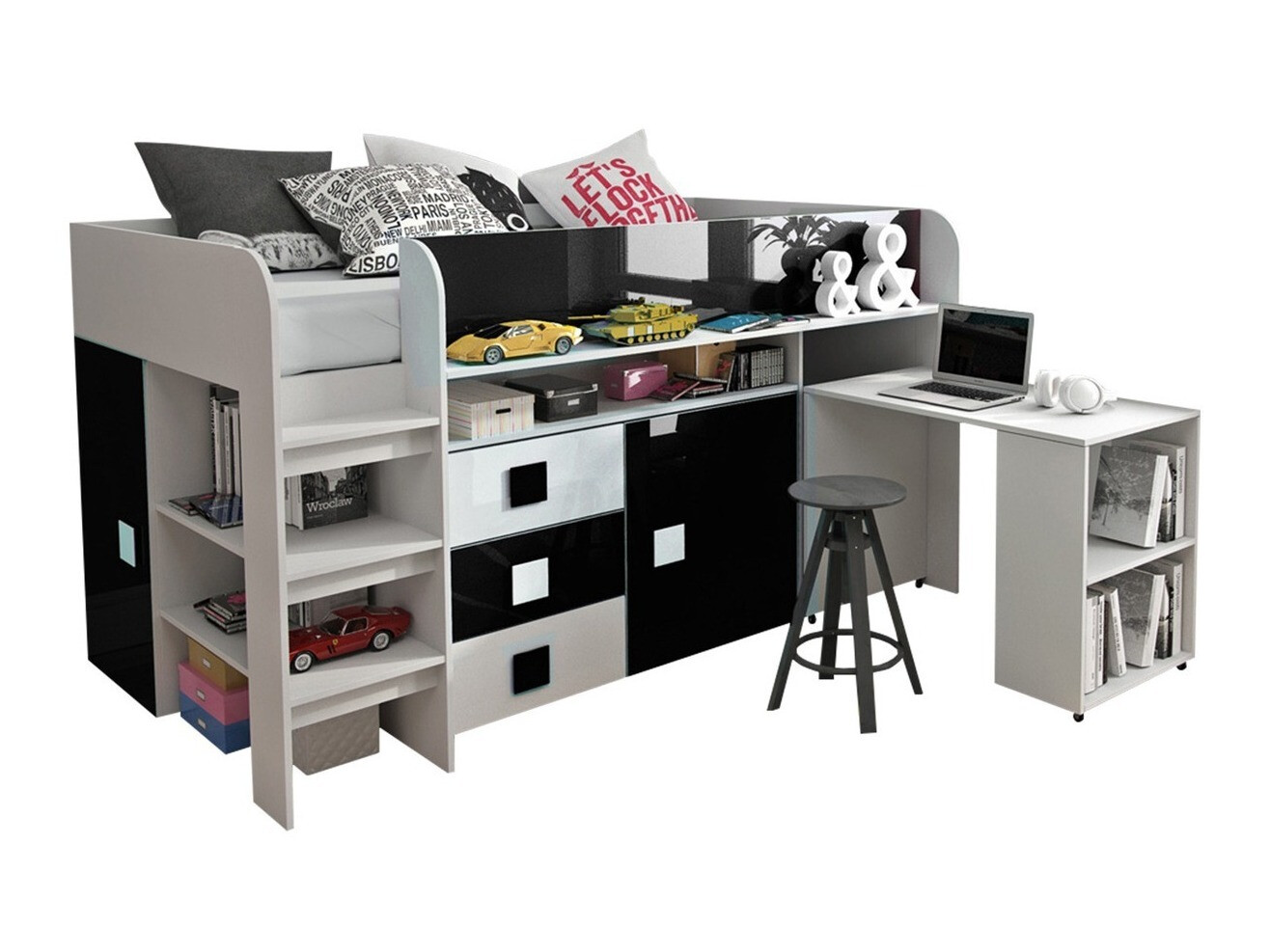 Cama Hartford 190 (Blanco + Negro brillante + Blanco brillante)