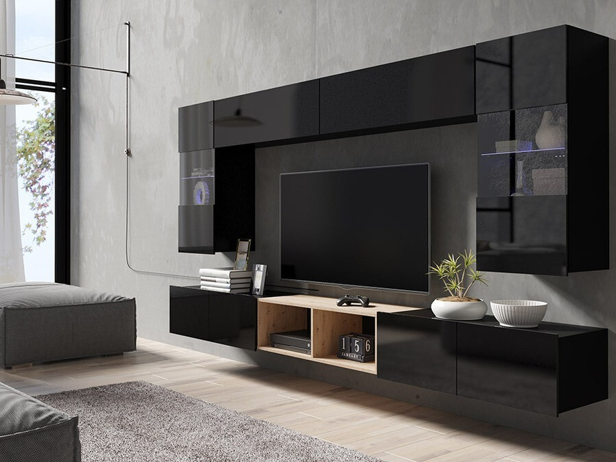 Conjunto de salón Remus XXIV (Negro + Negro brillante + Roble Artisan)