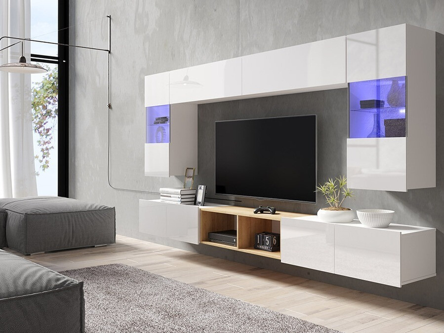 Conjunto de salón Tivdalu 144 (Blanco + Blanco brillante + Roble dorado)