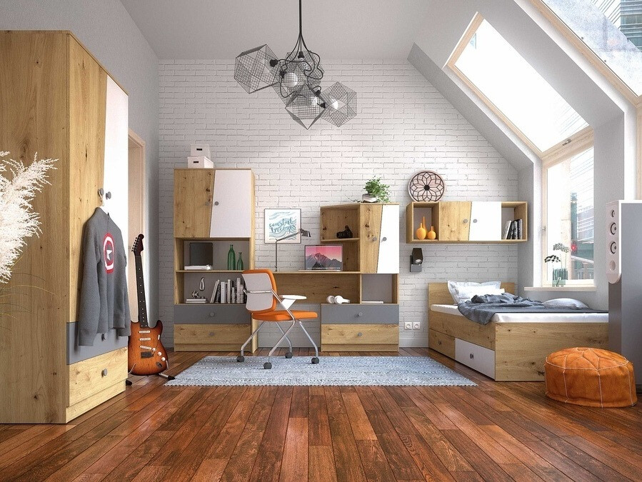 Cama Mirelbu 112 (Roble Artisan + Blanco brillante + Gris)