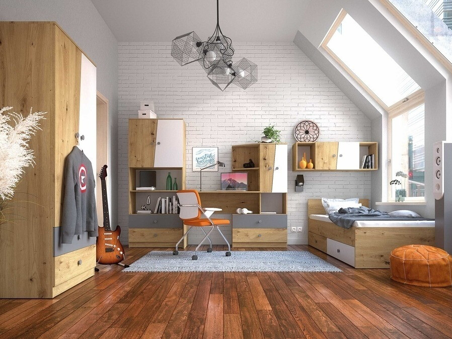 Cama Mirelbu 112 (Roble Artisan + Blanco brillante + Negro)