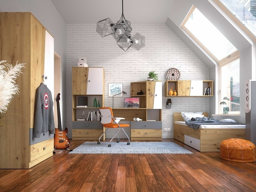 Cama Mirelbu 112 (Roble Artisan + Blanco + Negro)