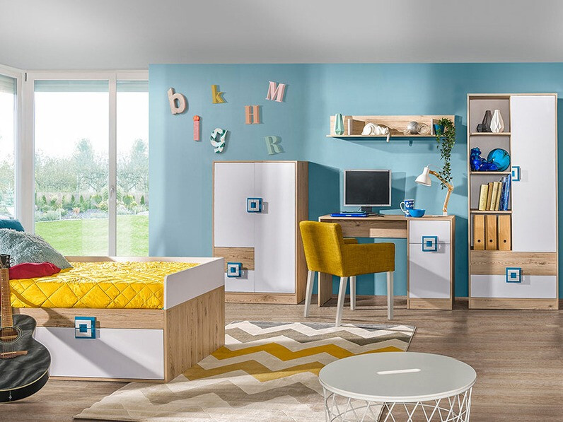 Mesa de oficina Balvire 110 (Roble claro + Blanco + Turquesa)