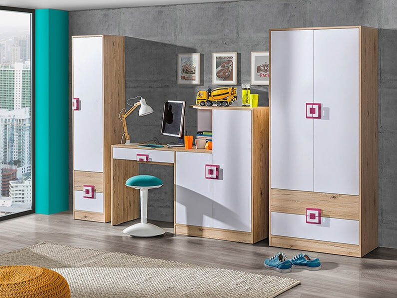 Mesa de oficina Balvire 111 (Roble claro + Blanco + Rosa)