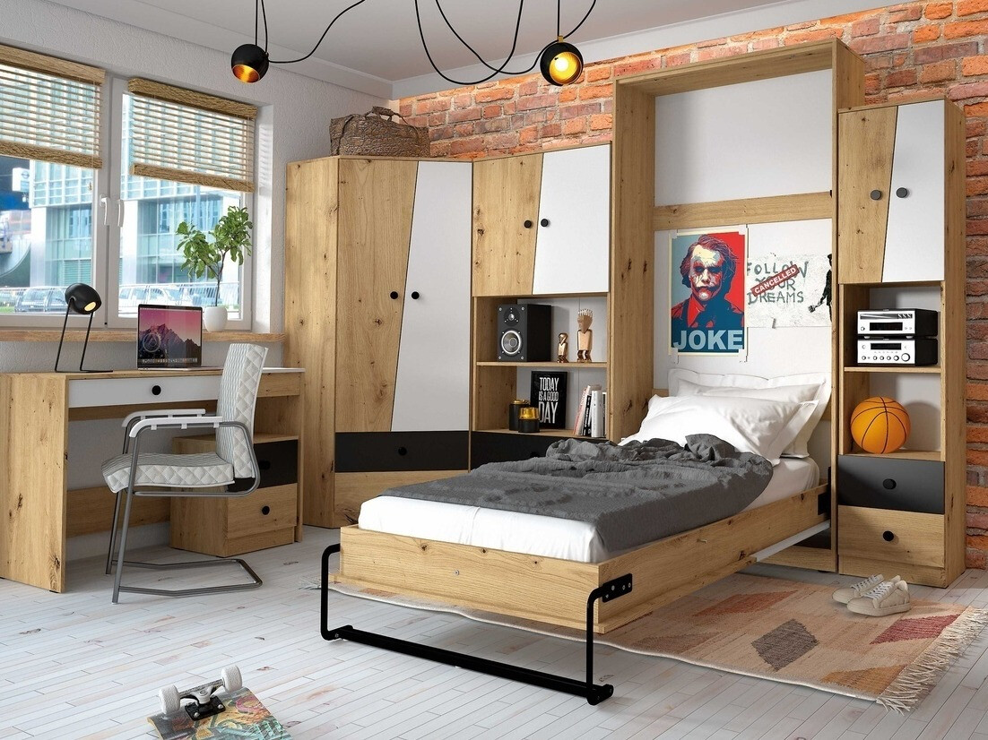 Mesa de oficina Mirelbu 109 (Roble Artisan + Blanco brillante + Gris)