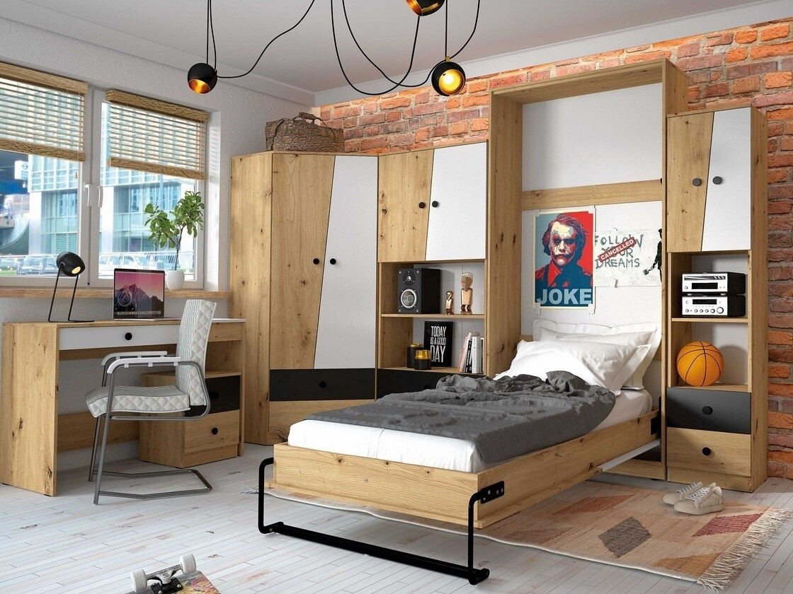 Mesa de oficina Mirelbu 109 (Roble Artisan + Blanco brillante + Negro)