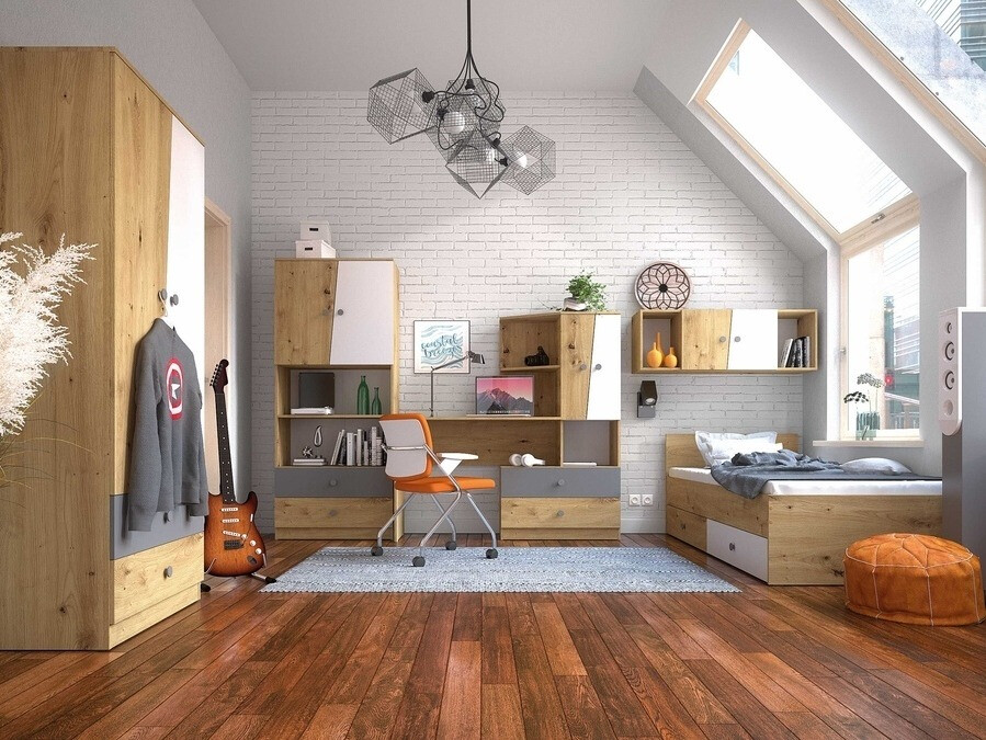 Mesa de oficina Mirelbu 110 (Roble Artisan + Blanco brillante + Gris brillante)