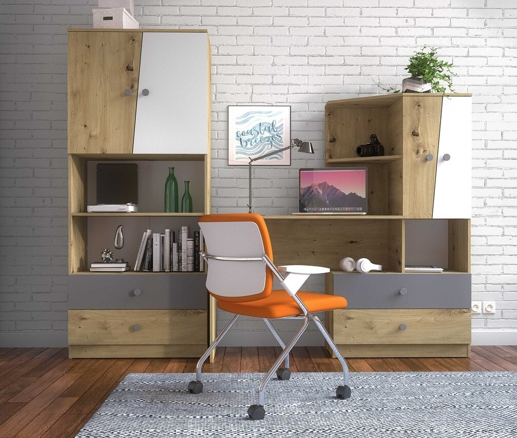 Mesa de oficina Mirelbu 110 (Roble Artisan + Blanco brillante)