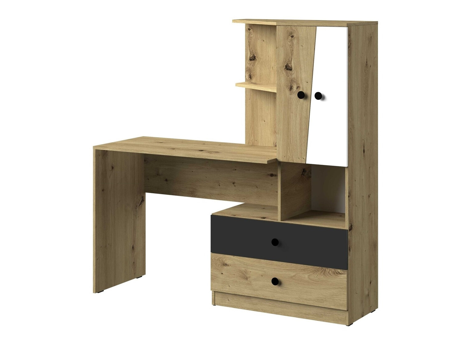 Mesa de oficina Mirelbu 110 (Roble Artisan + Blanco + Negro)