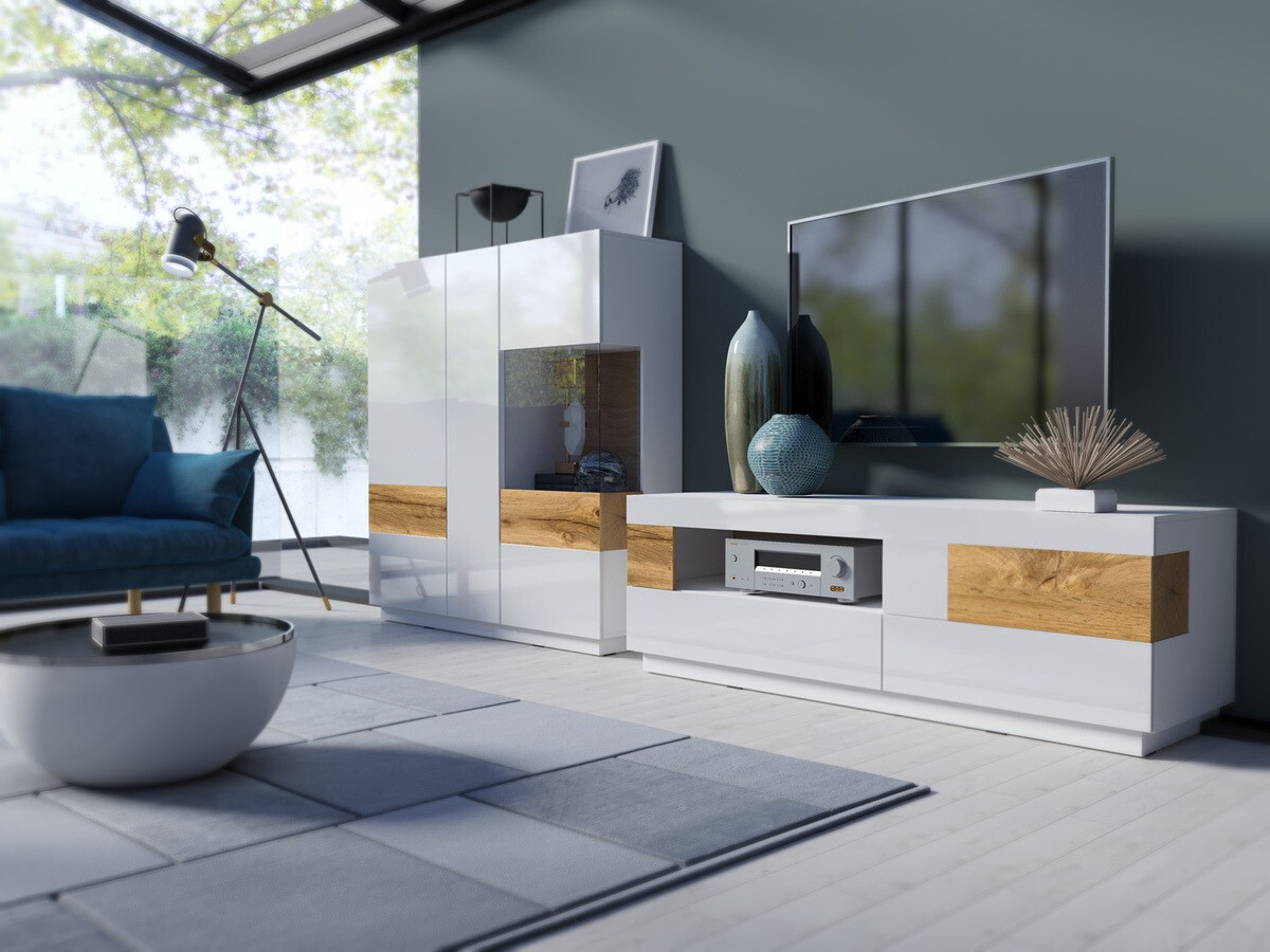 Aparador Livlore 106 (Blanco + Blanco brillante + Roble wotan)